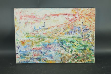 Oil on canvas abstract expressionist painting of colorful landscape