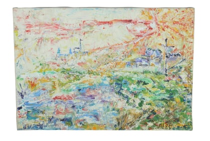 Oil on canvas abstract expressionist painting of colorful landscape