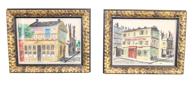 Lot of 2 French gouache on paper paintings of street scenes