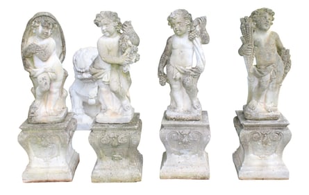 Lot of 4 English cast composite garden 4 season statues on pedestals
