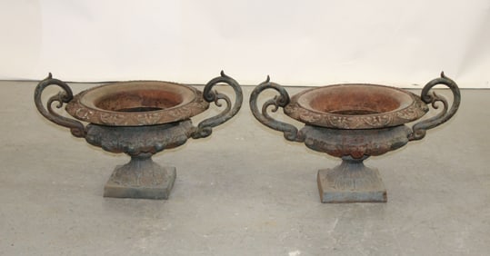 Pair of classical iron double handled urns