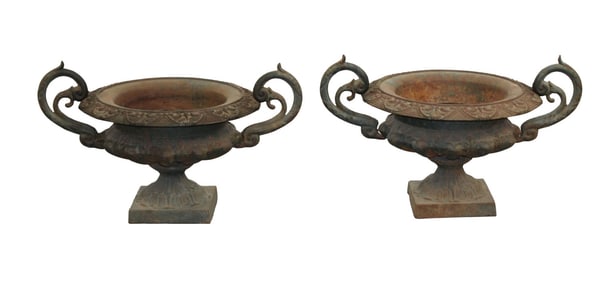Pair of classical iron double handled urns