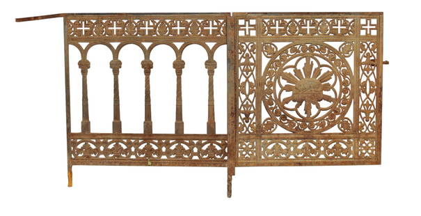 French cast iron altar gate with side panel: French cast iron altar gate with side panel. Late 19th century. Gate 27 1/2"h x 26 3/4"w x 2 1/2"d (at hinge) Side panel 27 1/2"h (approx 33 1/4"h with posts) x approx 30 1/2"w (39" with bar that exte