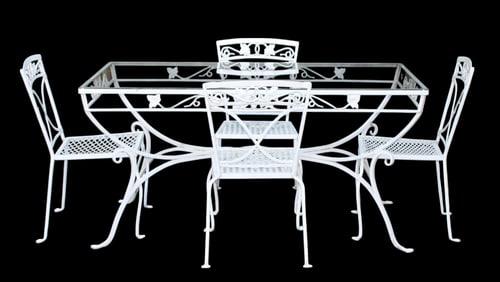 Woodard painted cast iron and glass garden table and chairs
