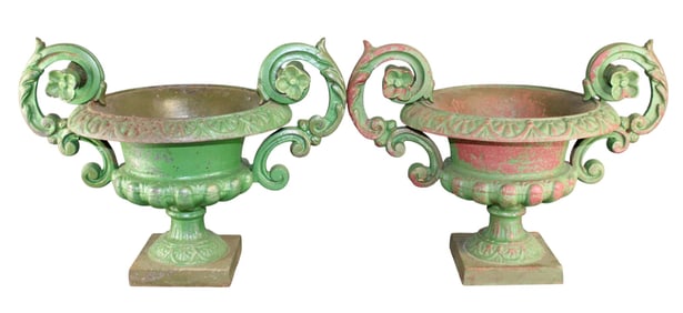 Pair of French double handled iron urn form planters