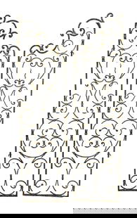 Pair of French scrolled iron garden gates: Pair of French scrolled iron garden gates. Each: 63 1/8"h x 16 3/8"w x 5/8"d.