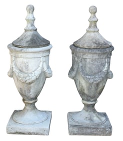Pair of Cast garden stone classical form lidded urns