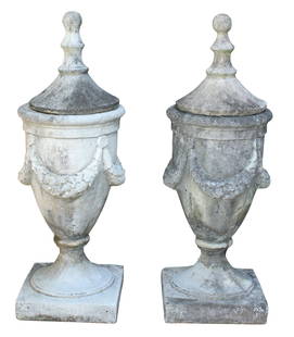 Pair of Cast garden stone classical form lidded urns: Pair of Cast garden stone classical form lidded urns. 37"h 12" dia