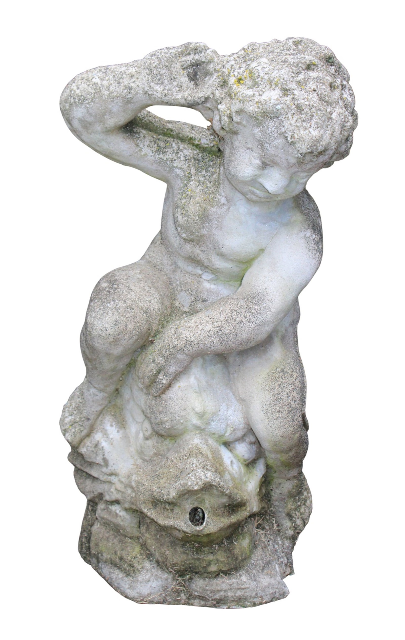 Garden stone fountainhead with baby on dolphin: Garden stone fountainhead with baby on dolphin. 21"h x 11"w x 11"d