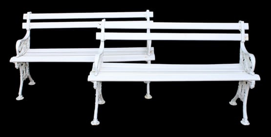 Lot of 2 cast iron & wood slat garden benches in white painted finish
