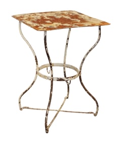 French square top iron garden table with distressed painted finish