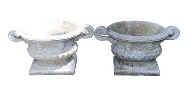 Pair of cast garden stone urn form planters