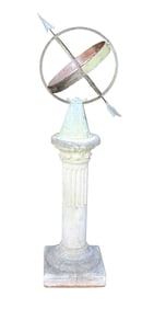 Bronze, copper, and iron armillary sundial on cast stone column