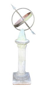 Bronze, copper, and iron armillary sundial on cast stone column: Bronze, copper, and iron armillary sundial on cast stone column. 64"h x 21"w. Pedestal height: 36"h