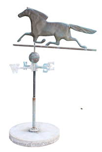 Copper horse form weathervane: Copper horse form weathervane. 49"h x 30 3/4"w x 18 3/4"diam at base