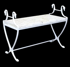 Cast iron & marble top garden bench with swan necks in white painted finish