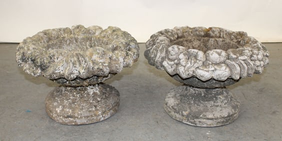 Pair of French garden stone urns with fruited border