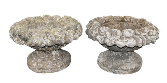 Pair of French garden stone urns with fruited border