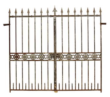 Pair of French iron entry gates: Pair of French iron entry gates. Each panel measures 68"h x 36 1/2"w