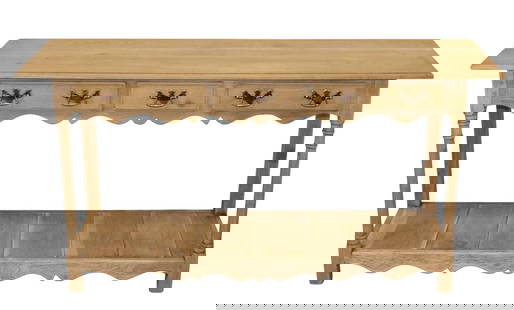 English bleached oak console with drawers: English bleached oak console with drawers. Mid 20th century. 30"h x 57 1/2"w x 16 1/2"d