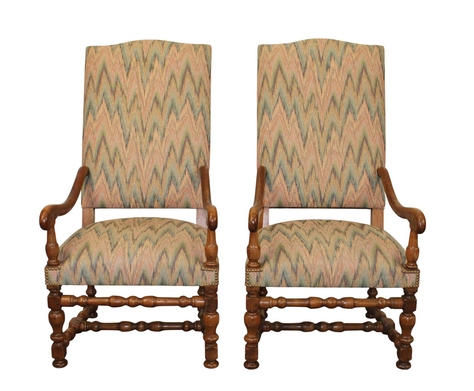 Pair of French os du mouton armchairs in walnut with stripped upholstery: Pair of French os du mouton armchairs in walnut with striped upholstery. 46"h x 24 1/2"w x 27 1/2"d. Seat: 18 1/2"h