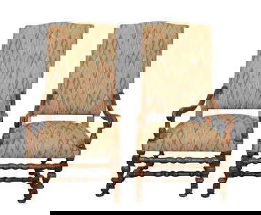 Pair of French os du mouton armchairs in walnut with stripped upholstery: Pair of French os du mouton armchairs in walnut with striped upholstery. 46"h x 24 1/2"w x 27 1/2"d. Seat: 18 1/2"h