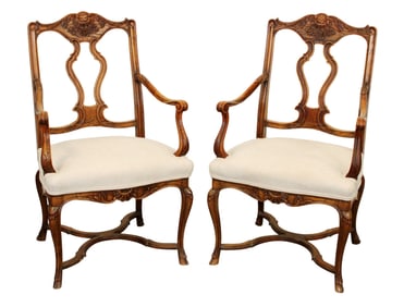 Pair of French Louis XV style arm chairs with open carved backs and upholstered seats