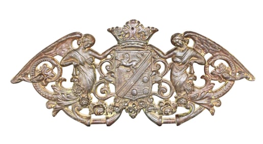 French cast iron crest with angels flanking coat of arms