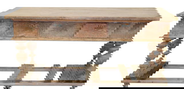 French Baroque style farmhouse table in walnut on carved legs with 2 drawers.: French Baroque style farmhouse table in walnut on carved legs with 2 drawers. 30 1/2"h x 75"w x 35 1/2"d