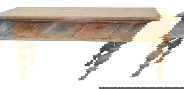French Baroque style farmhouse table in walnut on carved legs with 2 drawers.: French Baroque style farmhouse table in walnut on carved legs with 2 drawers. 30 1/2"h x 75"w x 35 1/2"d