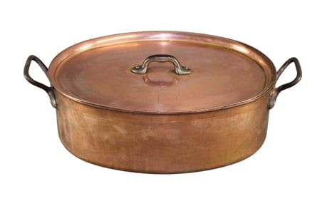 Belgian copper oval lidded stew pot with iron handles