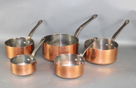 Lot of 5 French Les Cuivres de Faucogney copper saucepans
