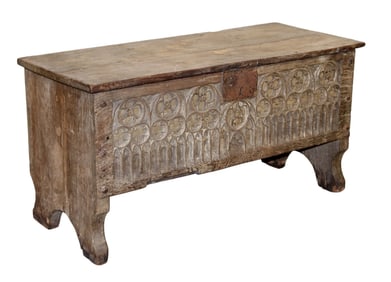 French bleached oak trunk with Gothic Revival panel