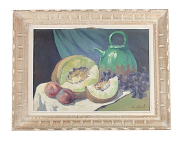 French oil on board painting depicting still life with melon