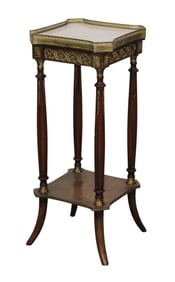 French Louis XVI style plantstand in walnut with bronze mounts, marble top and brass gallery