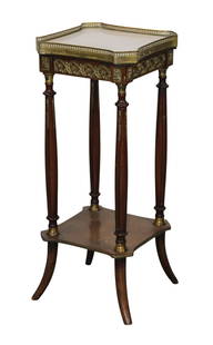 French Louis XVI style plantstand in walnut with bronze mounts, marble top and brass gallery: French Louis XVI style plantstand in walnut with bronze mounts, marble top and brass gallery. Early 20th century. 30 x 12 x 15"