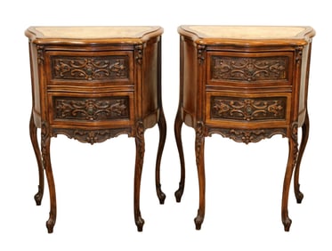 Pair of French Provincial Louis XV style 2 drawer side table chests on legs with inset marble tops