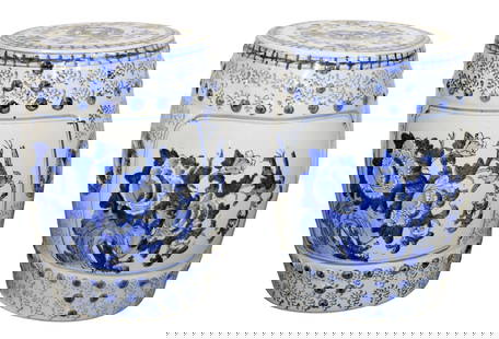 Pair of Chinese blue & white porcelain garden seats: Pair of Chinese blue & white porcelain garden seats. Modern. 17 1/2"h x 12"dia