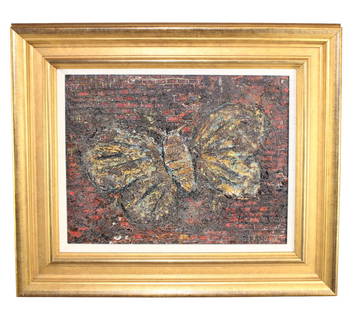 Yamaguchi Takashi oil on canvas painting of a Butterfly: Yamaguchi Takashi (Japanese b. 1986) oil on canvas painting of a Butterfly. Overall framed size 19 1/2"h x 23"w, sight size 12"h x15 1/2"w. Weight:8lbs