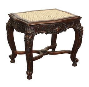 Italian relief carved mahogany caned seat footstool