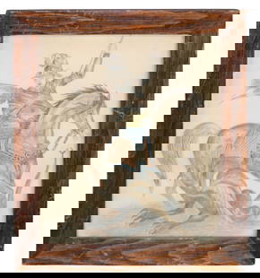 English colored drawing of Sir Brian on horseback: English colored drawing of Sir Brian on horseback Overall 16"h x 13 1/2"w, Sight 12 3/4"h x 10 1/2"w Weight 3 lbs.