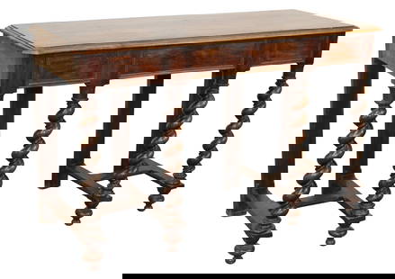 French console table in walnut on barley twist legs: French console table in walnut on barley twist legs. Late 19th century. 29 1/2"h x 47 3/4"w x 19 7/8"d