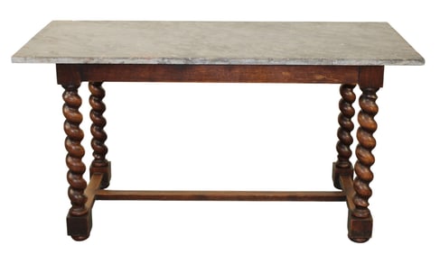 French table in walnut on barley twist legs with marble top