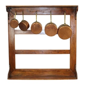 French Provincial wall mount pot rack with 5 copper pots