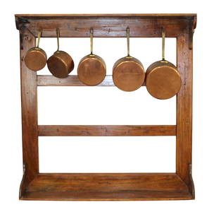 French Provincial wall mount pot rack with 5 copper pots: French Provincial wall mount pot rack in pine with 5 copper pots. Rack early 20th century. Rack measures 41"h x 39"w x 7"d