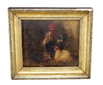 French miniature oil on board painting of roosters by V. Barrion