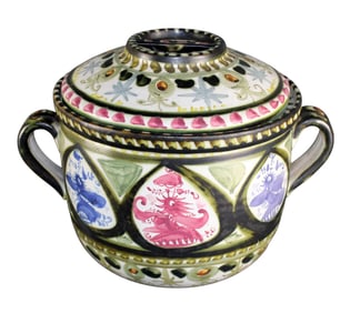 French Quimper hand painted ceramic soup tureen by Andre L'Helguen Keraluc Quimper. Mid century.
