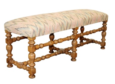 French Provincial oak backless bench with upholstered seat