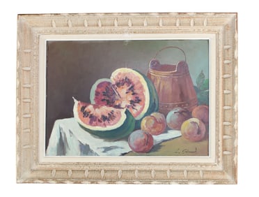 French oil on board painting depicting still life with melon