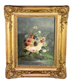 French oil on board painting still life with flowers